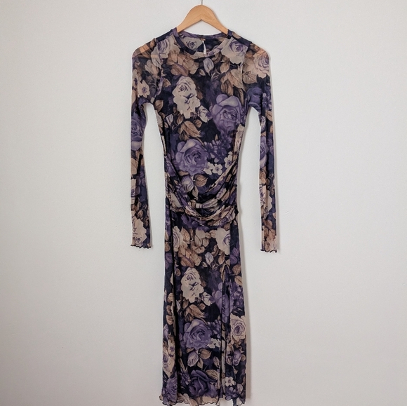 Free People Purple Moody Floral Gianni Mesh Long Sleeve Drape Waist Midi Dress - Picture 2 of 6